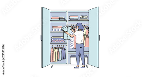 Illustration of a woman choosing an outfit from a well-organized wardrobe with neatly folded clothes and hanging garments offering visual