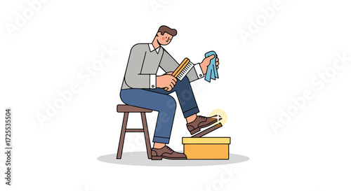 Man taking care of his leather shoes using a brush and a cloth, routine to shine for a polished appearance, maintaining footwear quality with