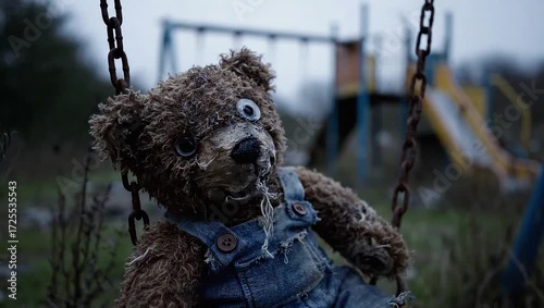 abandoned teddy bear on old playground swing set