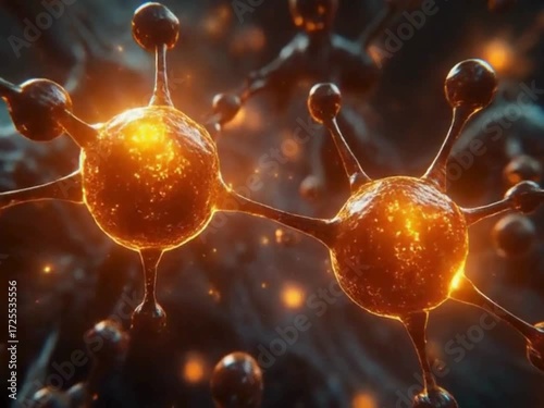 HNO3 molecules reacting with organic compounds, visualized with glowing energy transfer