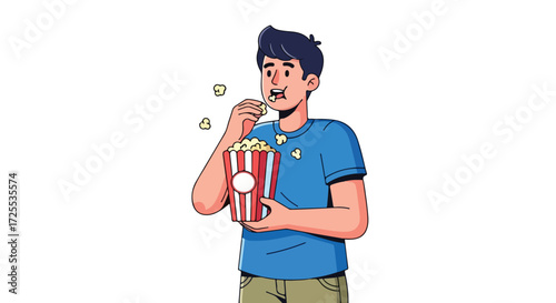 Enthusiastic young man indulging in a cinematic experience with a bucket full of fresh popcorn in cartoon style
