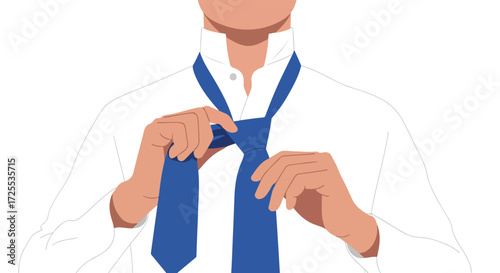Illustration depicting the act of a person tying a blue necktie, dressed in a crisp white shirt for a formal appearance