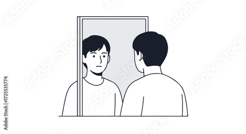 Drawn reflection: A man confronts himself in a mirror with an introspective stare, showcasing self-awareness and contemplation in a simple line