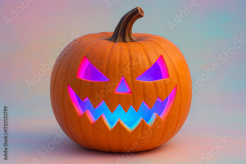 Halloween pumpkin glowing neon from inside, pastel gradient surrealism