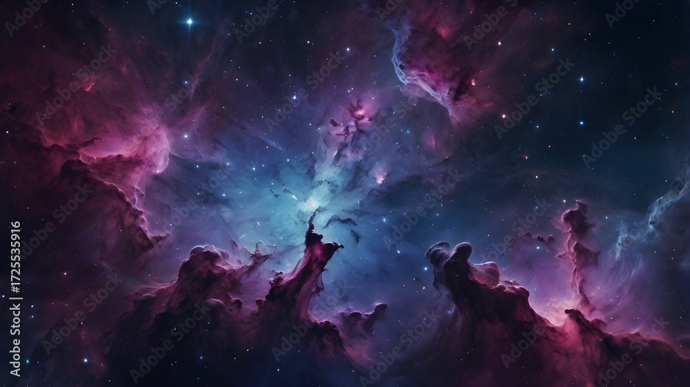 Fototapeta premium Epic 4K wallpaper of a glowing nebula landscape in deep space, vibrant purple, blue, and pink hues, dramatik star clusters, high-resolution cinematic style,Generative Ai 