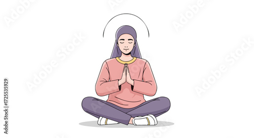 Cartoon illustration of a woman meditating in lotus position with a halo above her head in peaceful serene setting