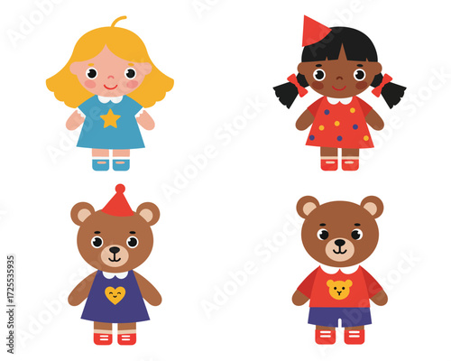 Four adorable cartoon characters including two little girls and two cute teddy bears dressed in colorful outfits and party hats
