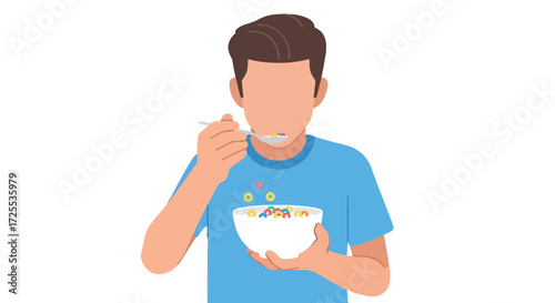 Person enjoying a colorful bowl of cereal, embodying a simple breakfast routine and cheerful morning mood, illustrated with a clean design style