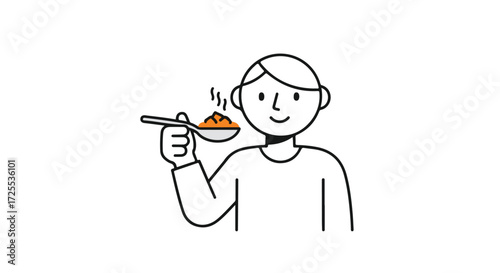 Illustrated happy person offers a spoonful of hot food, sharing a warm meal in a simple line drawing with inviting presentation
