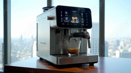Modern Espresso Machine Brewing Excellence with City View Backdrop