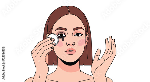 Illustrated woman removing makeup with cotton pad depicting skincare routine and beauty wellness routine for fresh and clean skin process