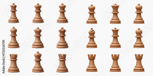 A collection of realistic 3D rendered wooden chess pieces, including kings, queens, bishops, and rooks, against a transparent background.