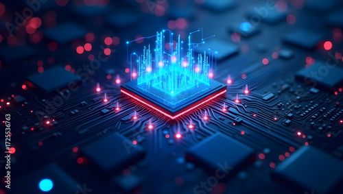 A detailed macro view of an electronic circuit board shows a mainboard with various hardware components and semiconductor chips
