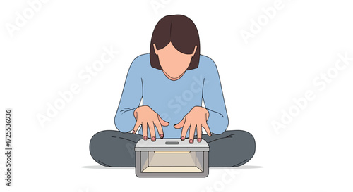 Illustration depicting a person sitting cross legged using a compact braille typewriter machine for visually impaired individuals
