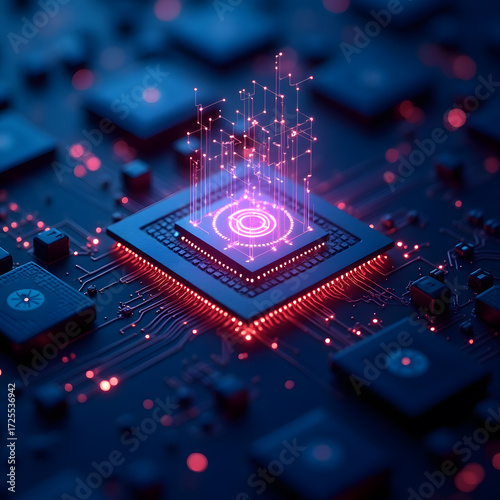 Blue electronic computer circuit board with a processor microchip