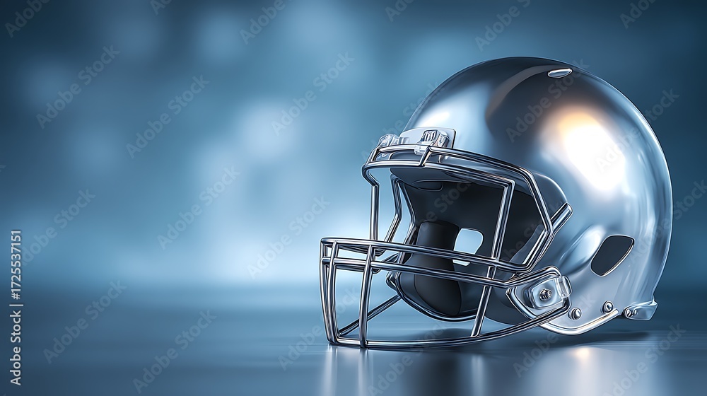 Naklejka premium Silver Football Helmet with Faceguard on Reflective Surface in Stadium Setting