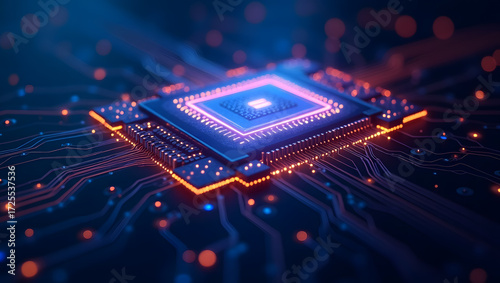 A detailed macro view of an electronic circuit board with a processor and microchip components, representing the core of modern computer technology