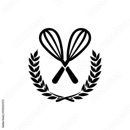Crossed whisks framed by wheat branches representing baking, pastry arts, and culinary craftsmanship.
