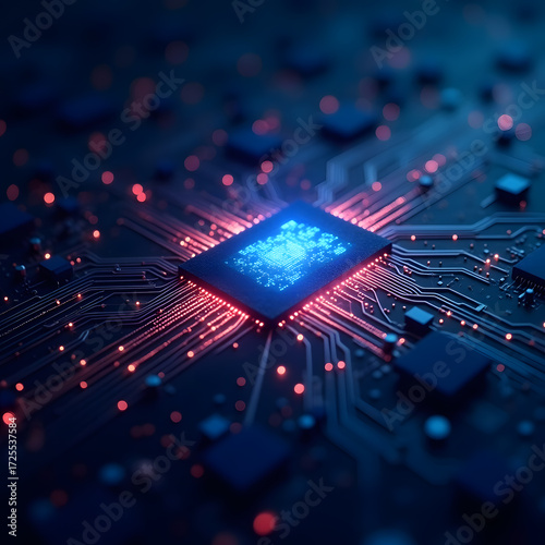 A detailed macro close-up of a blue and green computer circuit board shows complex digital electronic components, microchips, and a CPU, all essential hardware for modern technology