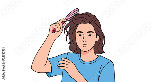 Illustration of a person brushing their hair with a pink brush on a white background simple design style