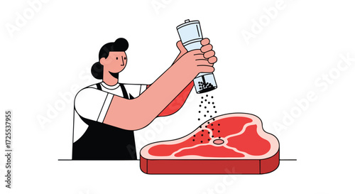 Illustration of a woman peppering a steak, emphasizing cooking, food preparation, and culinary arts, suitable for recipe sites or culinary content