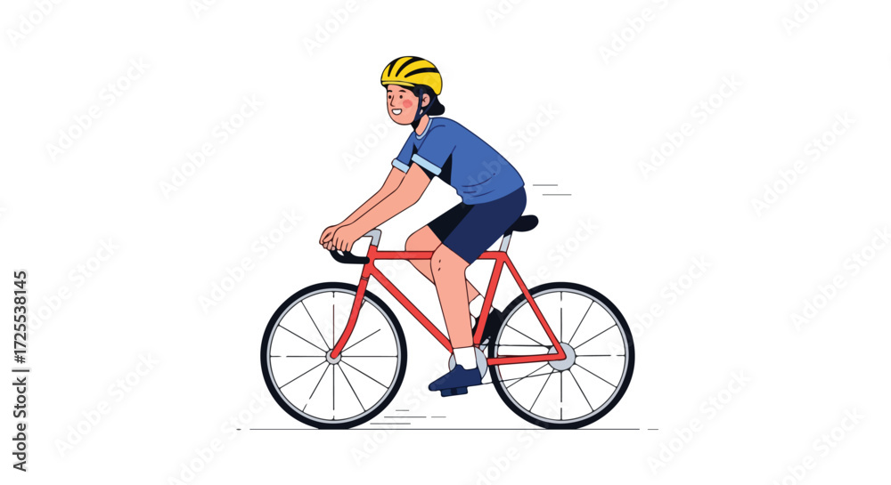 Fototapeta premium Vectorial artwork showcases a person riding a bicycle with a helmet against a bright white backdrop expressing wellness