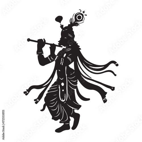 Krishna Playing Flute Silhouette with Peacock Feather Crown and Flowing Garments
