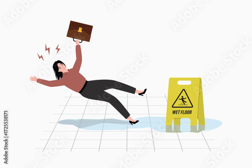 Caution wet floor, slippery way after cleaning. Inattentive woman slipped on a wet floor. Danger accident. Yellow plastic warning sign on slick wet floor