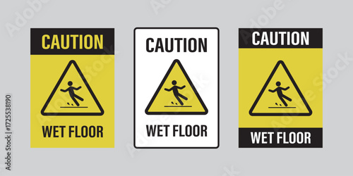 Caution wet floor, slippery way after cleaning. Human pictogram on slick floor, printable signs template. Set of three warning signs