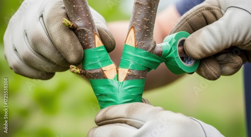 Closeup of a gardener skillfully executing a whip graft technique to join two tree limbs promoting disease resistance and improved productivity.