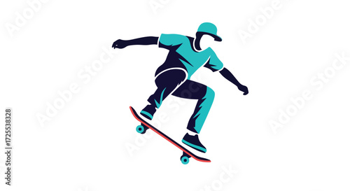 Dynamic skater illustration featuring a rider performing a trick in teal and navy color palette creating a sense of movement and energy
