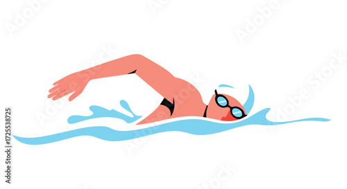 Illustration of a swimmer using the freestyle stroke with cap and goggles, gliding efficiently through the water conveying speed and agility