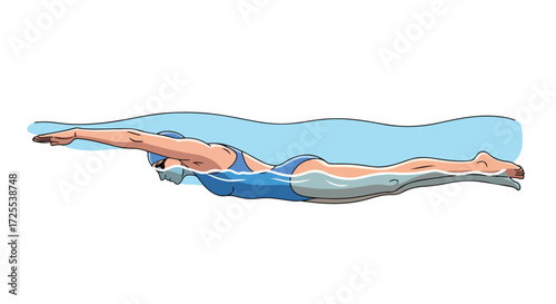 Depiction of a swimmer executing the front crawl technique with streamlined form and fluid motion for exercise illustration