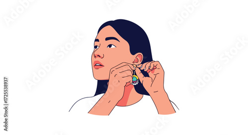 Elegant woman with dark hair putting on a colorful earring for style and beauty in a simple drawing isolated on white background showcasing fashion