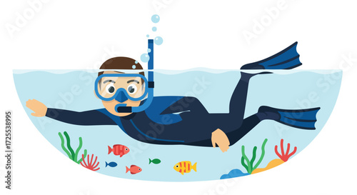Underwater Exploration: A Cartoon Diver's Paradise of Colorful Fish and Ocean Flora in Aquatic Adventure