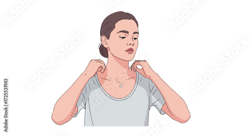 Illustration of a young woman adjusting necklace, reflecting personalized style and fashion choices, highlighting self-care routine and delicate