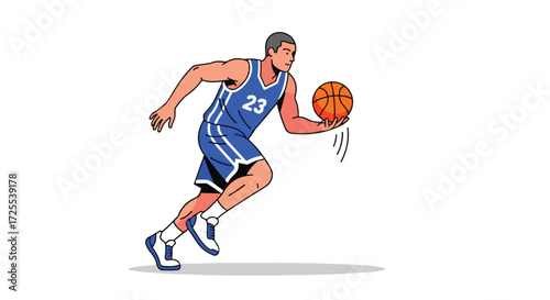 Dynamic illustration showcasing a basketball player dribbling the ball swiftly across the court, ready for action, highlighting athletic prowess and