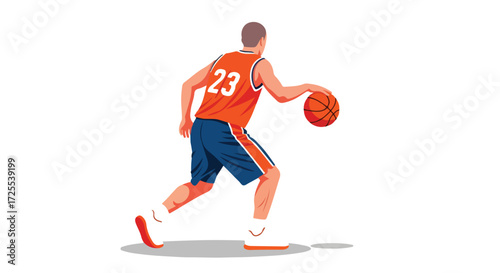 Dynamic basketball dribbling action illustration featuring athlete with focus, precision and movement showcasing orange jersey number 23 in vector