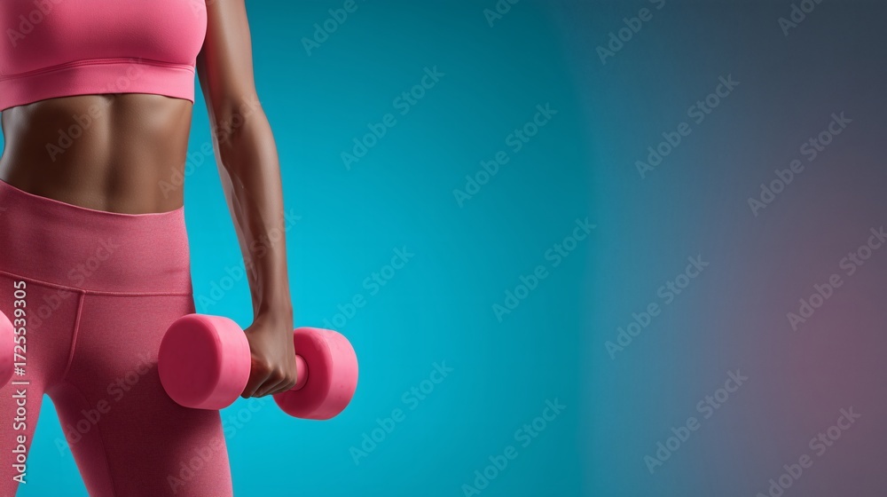 Fototapeta premium Strong woman lifts pink dumbbell showcasing fitness and healthy lifestyle for a vibrant energetic campaign with a modern sporty aesthetic
