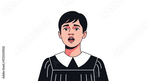 Expressive Illustration of Young Choral Singer in Traditional Choir Robe with Mouth Open Wide and Dark Black Hair Against White Background