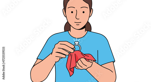 Illustration of woman carefully polishing a sparkling diamond engagement ring with a soft cloth at home