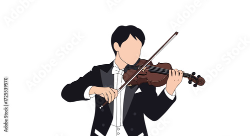 Formal rendition of a violinist gracefully playing classical music with elegance and poise on white backdrop showing musical expression