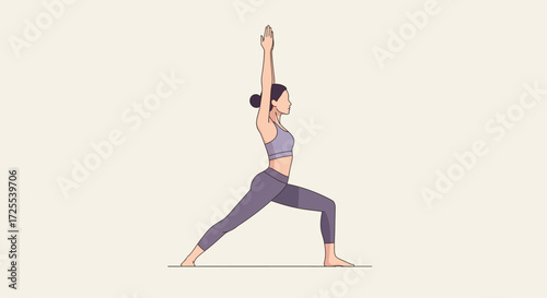 Illustration of woman performing warrior one pose demonstrating fitness and wellness exercises for