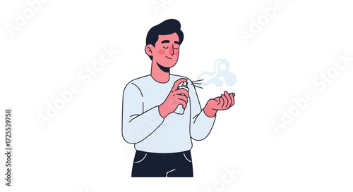Sanitizing routine illustrated: A man applying disinfectant spray on his hand for hygiene and safety against germs and viruses protection