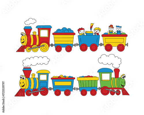 Two colorful cartoon trains with cheerful passengers and billowing smoke clouds on a white background perfect for children s themes