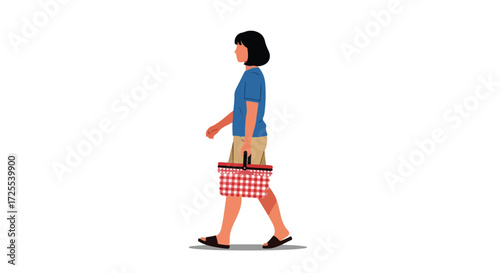 Animated woman strolling with a gingham picnic basket on a white background graphic artwork