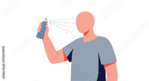 Illustration of an anonymous person spraying with a blue aerosol can in a white studio creating a clean and isolated scene