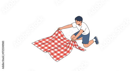 Illustrated man spreading a red and white checkered picnic blanket on the ground for an outdoor outing readiness