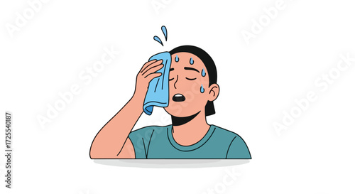 Illustration depicting a sweating person wiping their face with a towel on a bright sunny day scene.