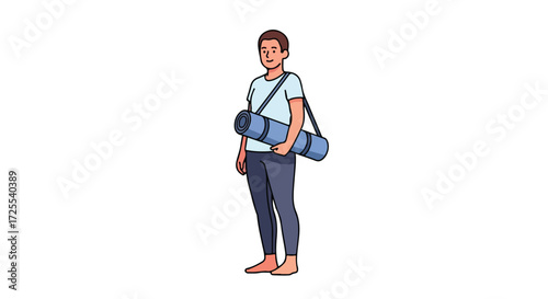 Illustration showcasing a young individual holding a yoga mat ready for wellness activities and fitness classes centered on well being